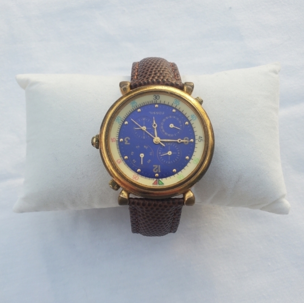 Vintage Fossil Chronograph Watch – Early 1990s Gold Tone Blue Dial – Rare Model